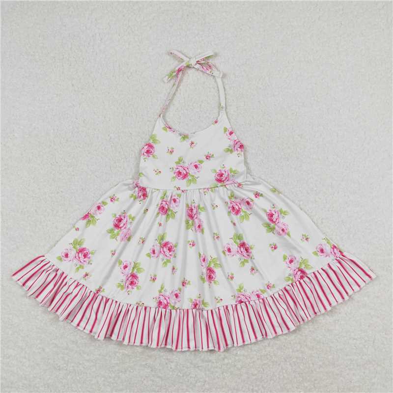 GSD0859  Baby Girls Straps Floral Pink Flowers Ruffle Knee Length Dresses