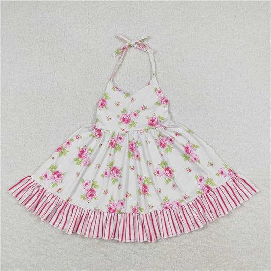 GSD0859  Baby Girls Straps Floral Pink Flowers Ruffle Knee Length Dresses