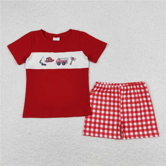 BSSO0666 RTS NO MOQ Baby Boys Summer Boys Outfits Baby Boys Fire Truck Red Shirt Shorts Outfits Clothes Sets