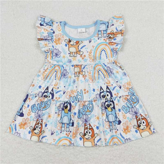 GT0484  Flutter sleeves rainbow floral dogs baby girls shirt