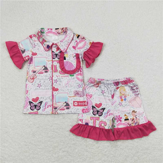 Baby Girls Pop Singer Pink Buttons Shirt Top Ruffle Shorts Pajamas