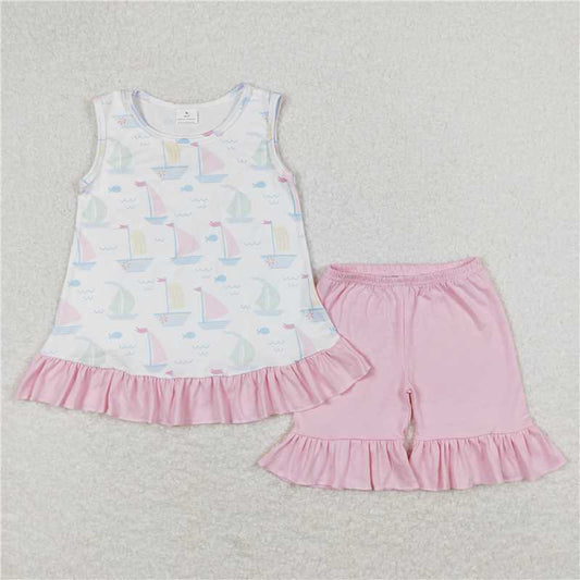 Baby Girls Sail Boats Tunic Shirts Top Summer Shorts Clothes Sets