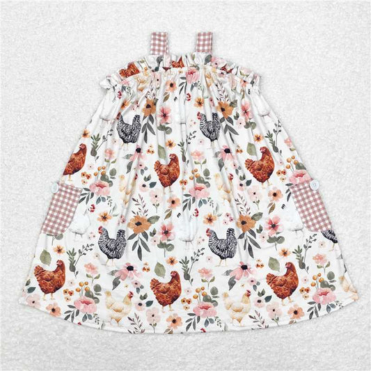 GSD0841  Baby Girls Chicken Flowers Pockets Stripes Knee Length Dresses