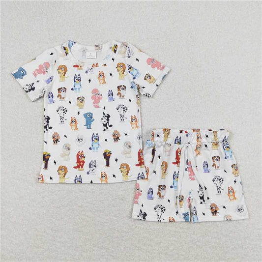 BSSO0660 Baby Girls Dogs White Short Sleeve Shirt Shorts Outfits Clothes Sets