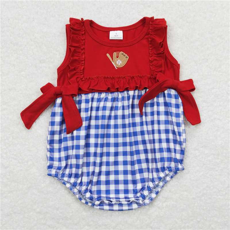 SR0615  Baby Infant Girls Baseball Red Blue Bows Rompers