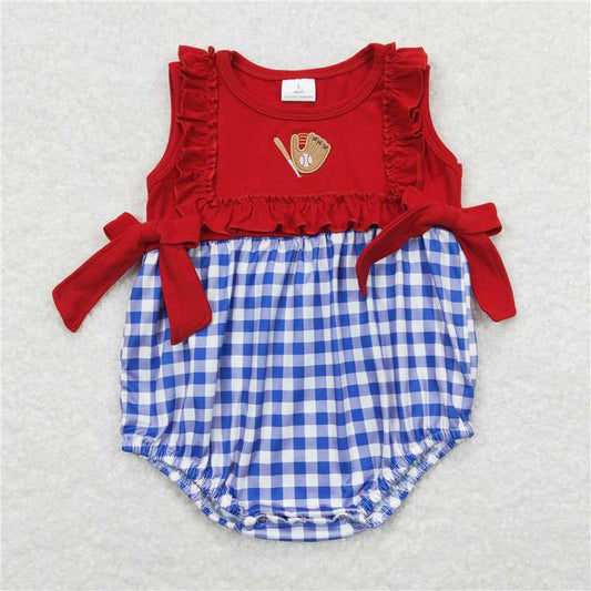 SR0615  Baby Infant Girls Baseball Red Blue Bows Rompers