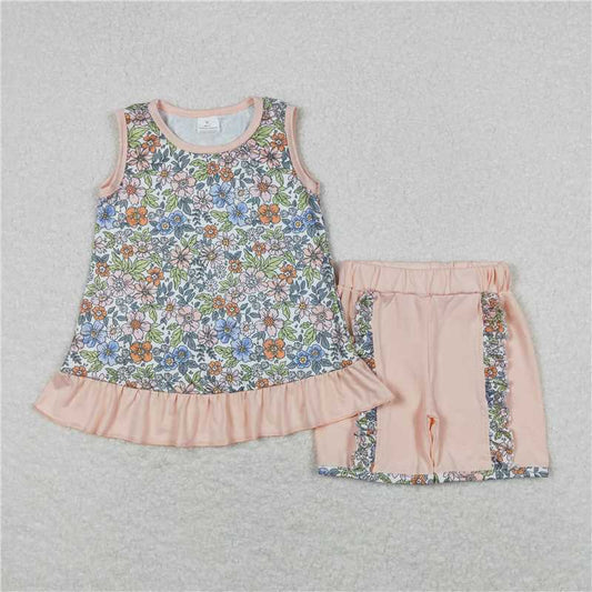 Baby Girls Pink Flowers Tunic Top Ruffle Shorts Clothes Sets