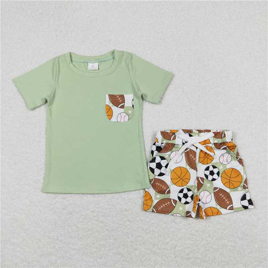 BSSO0694 Baby Boys Green Pocket Short Sleeve Shirt Sports Balls Shorts Clothes Sets