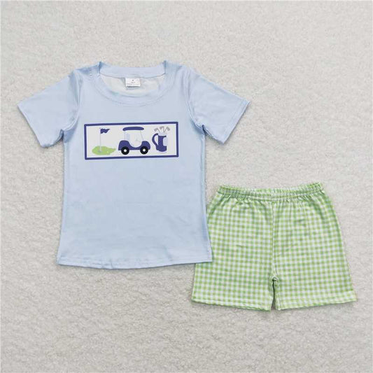 BSSO0697  Baby Boys Golf Hole In One Shirt Checkered Shorts Clothes Sets