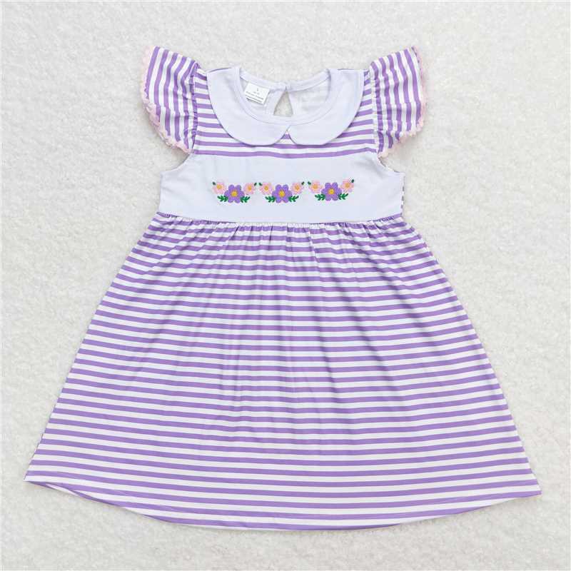 GSD0836 Flower purple and white striped baby doll collar flying sleeve dress
