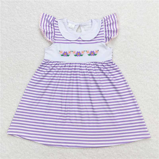 GSD0836 Flower purple and white striped baby doll collar flying sleeve dress