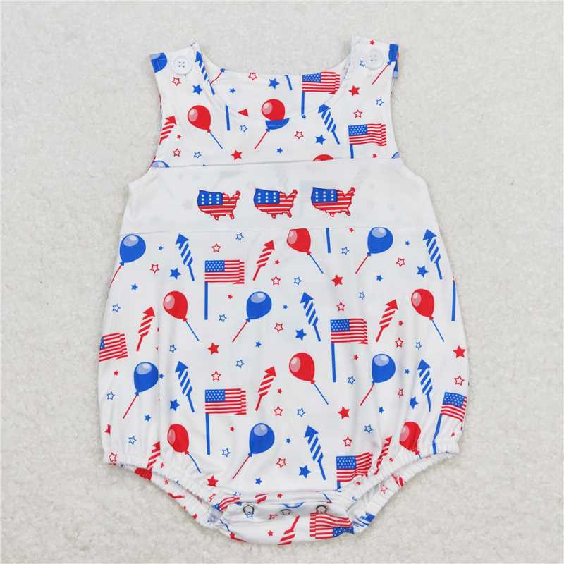 SR1105 4th of July Girls Flag Balloons Stars Fireworks White Vest Romper