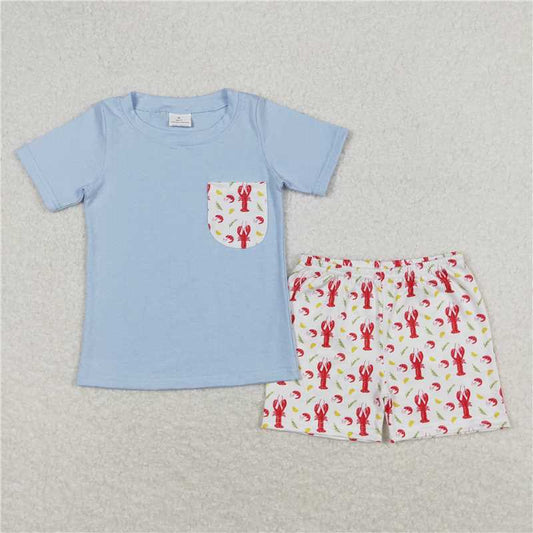 12.30 RTS NO MOQ （In stock）Matching BSSO0648 Baby Boys Blue Pocket Shirt Crawfish Shorts Clothes Sets