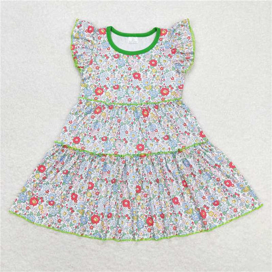 GSD0948 Flower floral green flying sleeve dress