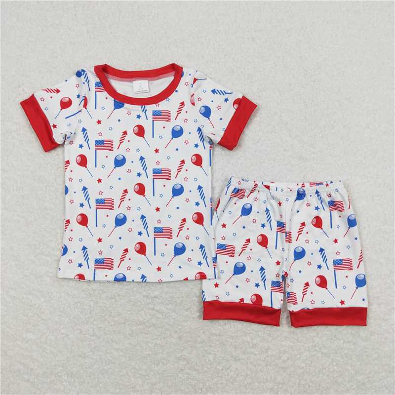 BSSO0707  Baby Boys 4th Of July Flags Balloons Shirt Top Shorts Outfits Clothes Sets