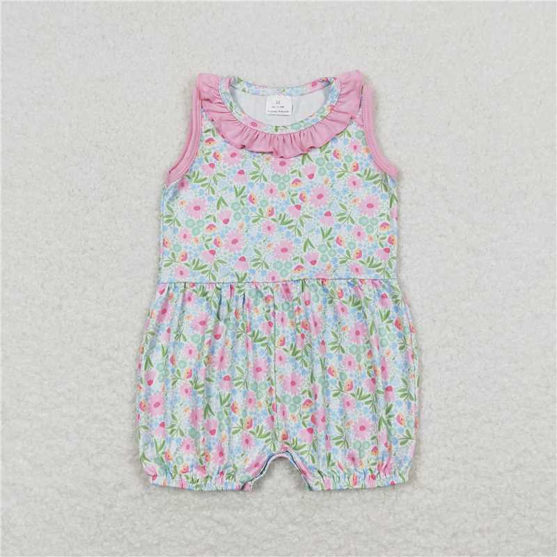 11.28 RTS NO MOQ （In stock）Matching SR1262 Baby Girls Pink Flowers Ruffle Sleeveless Rompers