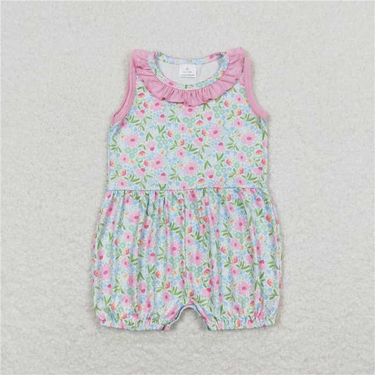 11.28 RTS NO MOQ （In stock）Matching SR1262 Baby Girls Pink Flowers Ruffle Sleeveless Rompers
