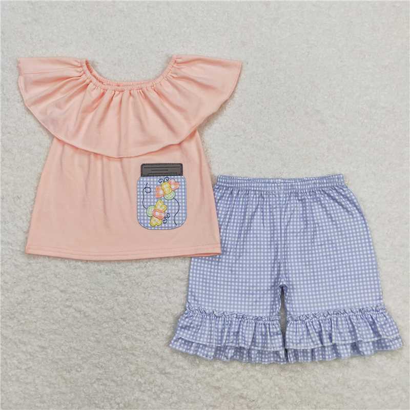 GSSO0682RTS NO MOQ Baby Girls Summer Outfits  Embroidered bee pink and orange lace top and blue plaid shorts set