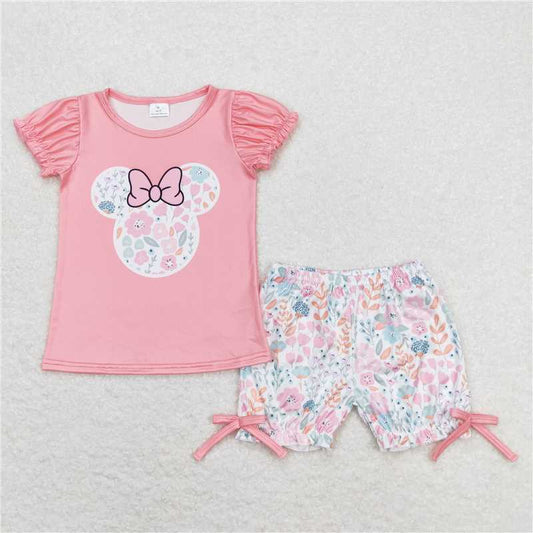 GSSO0699 Mickey flower pink short-sleeved shorts set