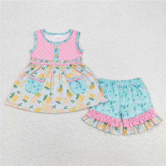 GSSO0783 Pineapple lemon orange lace polka dot button pink sleeveless shorts set