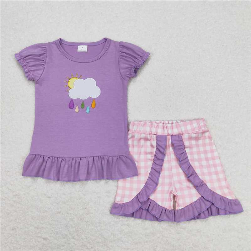 GSSO0657 Embroidery Rainy cloudy day purple lace short sleeve pink and white plaid shorts suit