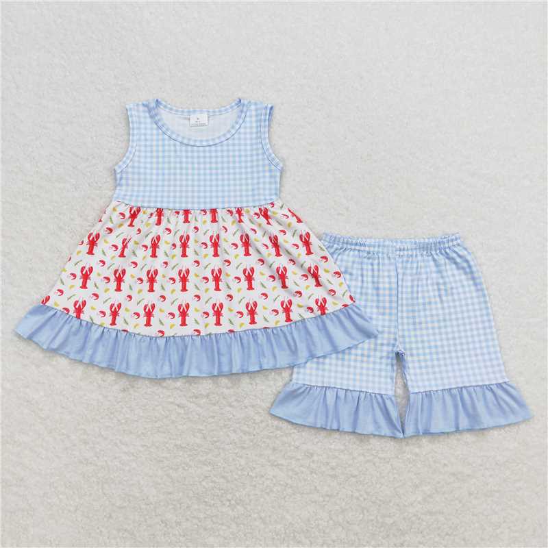 GSSO0698 Crayfish corn blue and white plaid sleeveless shorts set