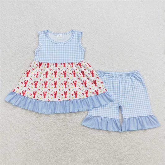 GSSO0698 Crayfish corn blue and white plaid sleeveless shorts set