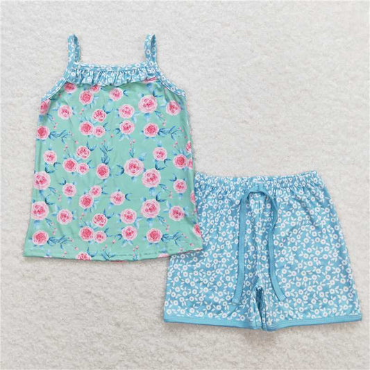 GSSO0863 Pink flower green sleeveless floral blue shorts suit