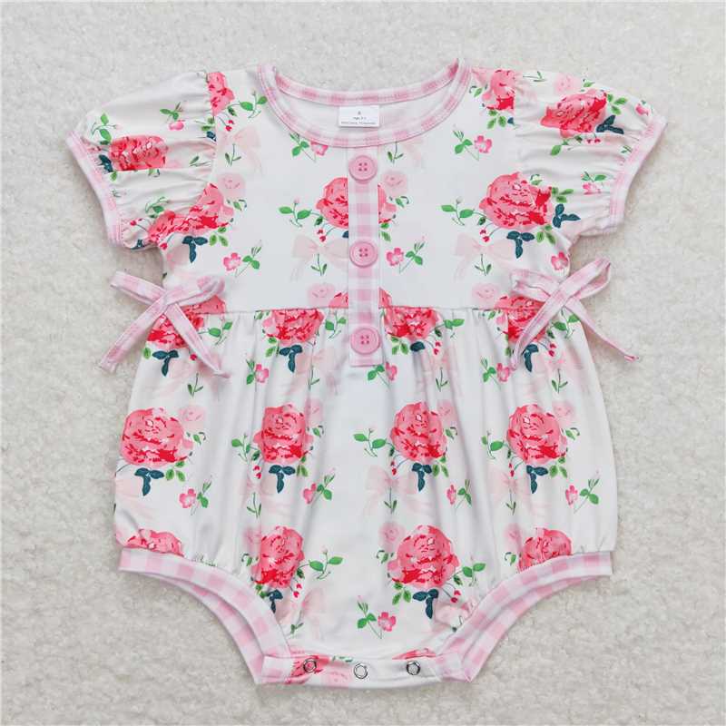SR1160  Baby Infant Girls Pink Flowers Buttons Shorts Rompers
