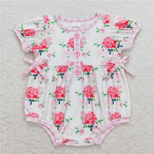 SR1160  Baby Infant Girls Pink Flowers Buttons Shorts Rompers