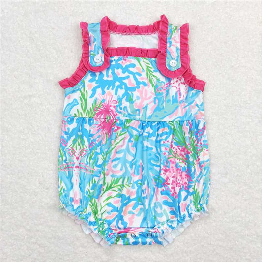 SR1292  Baby Girls Water Flowers Blue Pink Summer Straps Rompers
