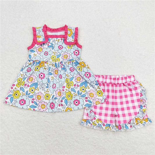 GSSO0711 Beige sleeveless plaid shorts suit with rose-red floral lace