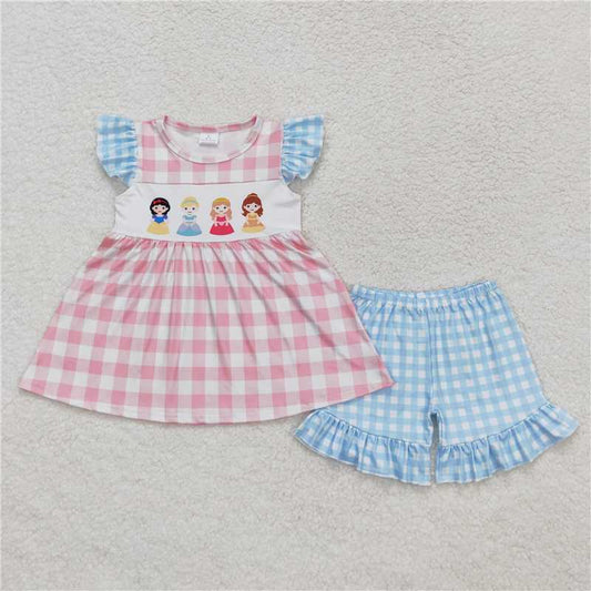 GSSO0692 Disney Princess Powder Blue Plaid Fly Sleeve Shorts Set