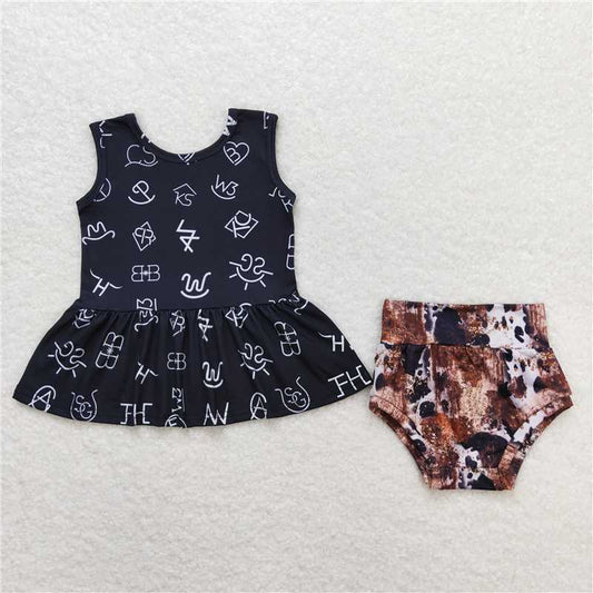 GBO0295 Baby Girls Western Words Sleeveless Top Cowhide Bummies Clothes Sets