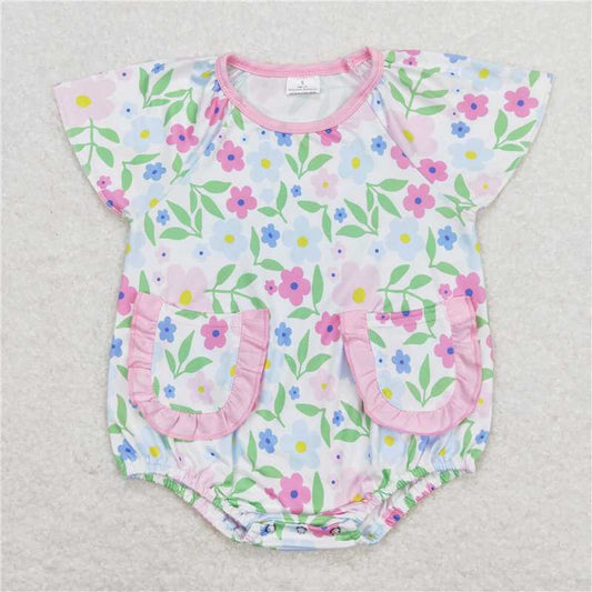 SR1129  Baby Infant Girls Pink Flowers Flutter Sleeve Rompers