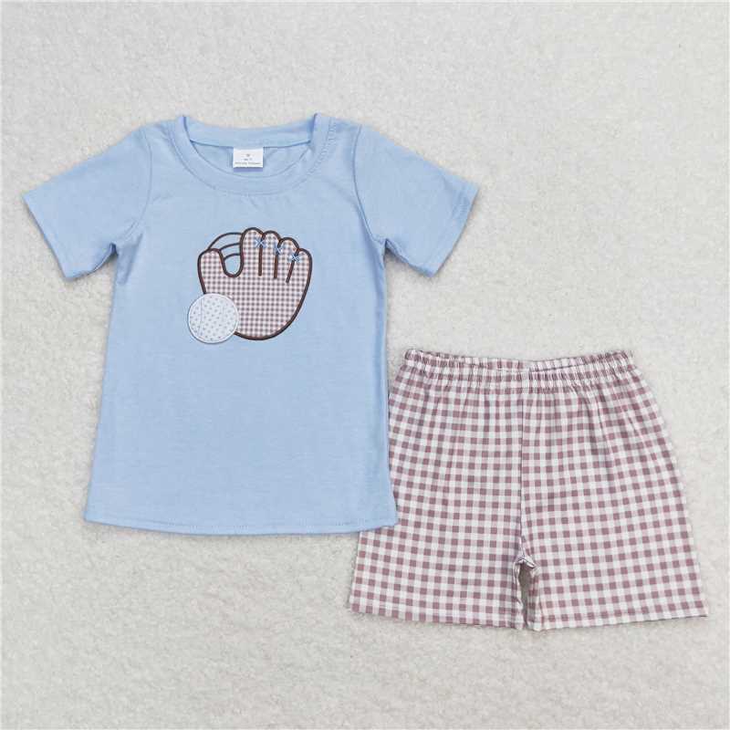 BSSO0723 Baby Boys Blue Baseball Short Sleeve Top Checkered Shorts Clothes Sets