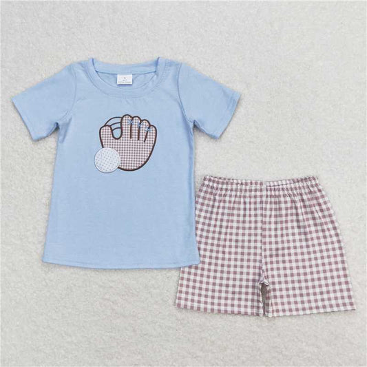 BSSO0723 Baby Boys Blue Baseball Short Sleeve Top Checkered Shorts Clothes Sets