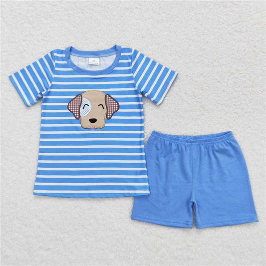 BSSO0746  Baby Boys Blue Stripes Dog Tee Shirts Tops Shorts Clothes Sets
