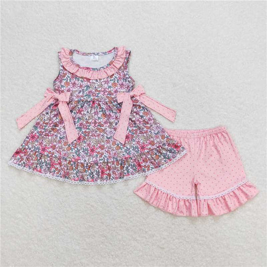 GSSO0789 Flower pink lace bow sleeveless shorts set