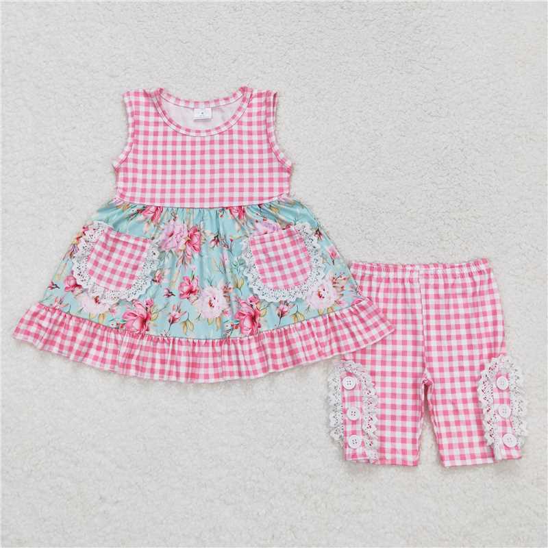 GSSO0851 Flower pink plaid pocket lace sleeveless shorts set