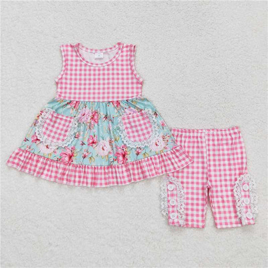 GSSO0851 Flower pink plaid pocket lace sleeveless shorts set