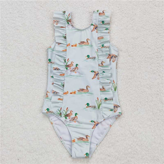 S0265  Baby Girls Duck Summer Ruffle One Piece Swimsuits