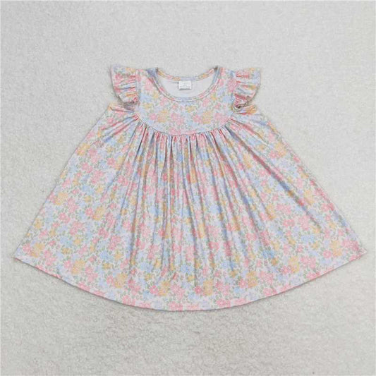 GSD0962 Pink and yellow floral dress with flying sleeves