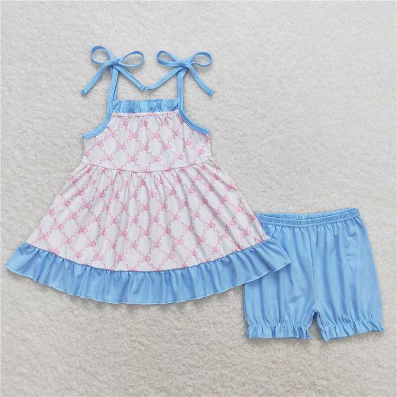 GSSO0668 Bow pattern blue lace white suspender shorts set
