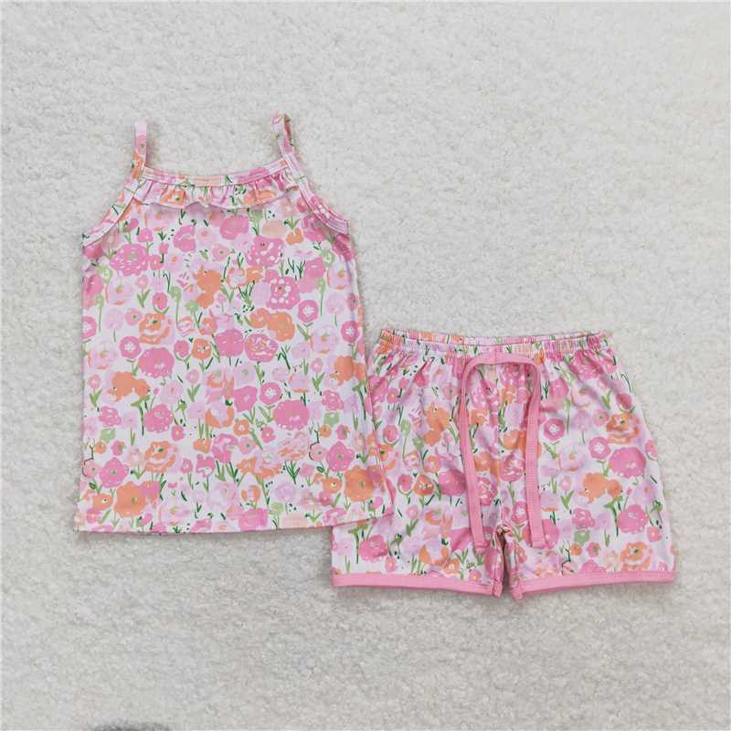 GSSO0868 Pink and orange floral sleeveless shorts set