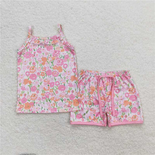 GSSO0868 Pink and orange floral sleeveless shorts set