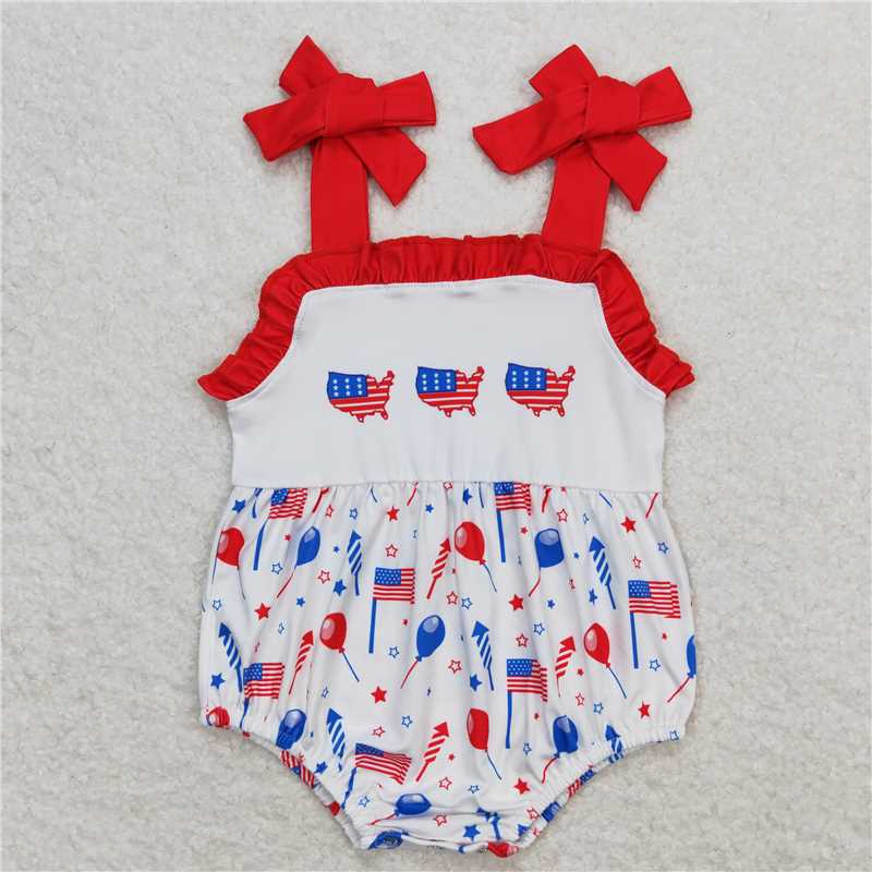 SR1106  Baby Infant Girls 4th Of July Flags Balloons Straps Rompers
