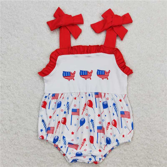 SR1106  Baby Infant Girls 4th Of July Flags Balloons Straps Rompers
