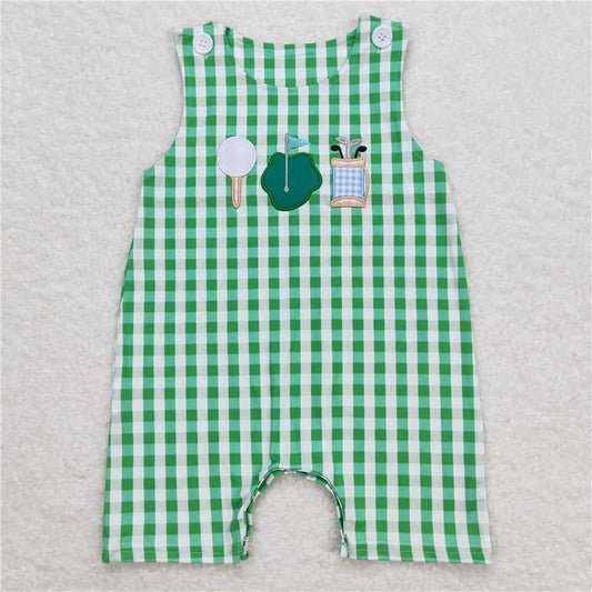 SR0796 Baby Infant Boys Green Checkered Golf Rompers