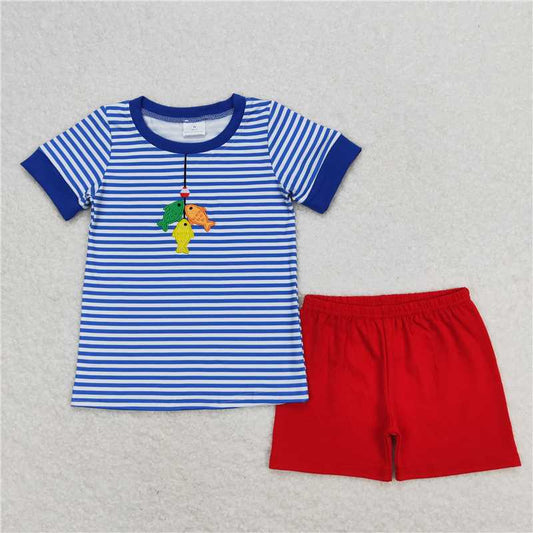 BSSO0588  Baby Boys Fishing Blue Stripes Shirts Shorts Summer Clothes Sets